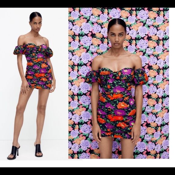 Zara purple red black off the shoulder puffsleeve mini dress Sz L NWT - Picture 2 of 11